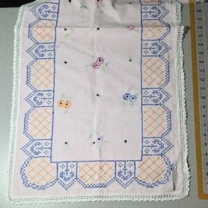 Embroidered Table Runner with Lace Trim